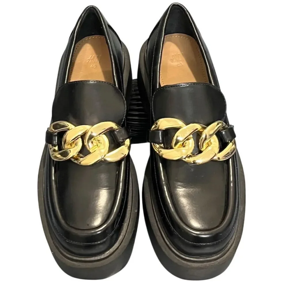H&M Women's Black Faux Leather Platform Loafers 9 Chunky Gold Chain Gothic Party